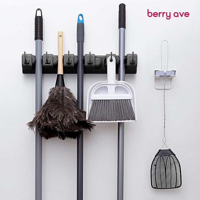 Berry Ave EXTRA GRIP Mop & Broom Holder Wall Mount ?€? Wall Hanging Organizer for Garden Tools, Closet, and Utility Storage, Includes Hardware, Fits Standard Brooms & Mops