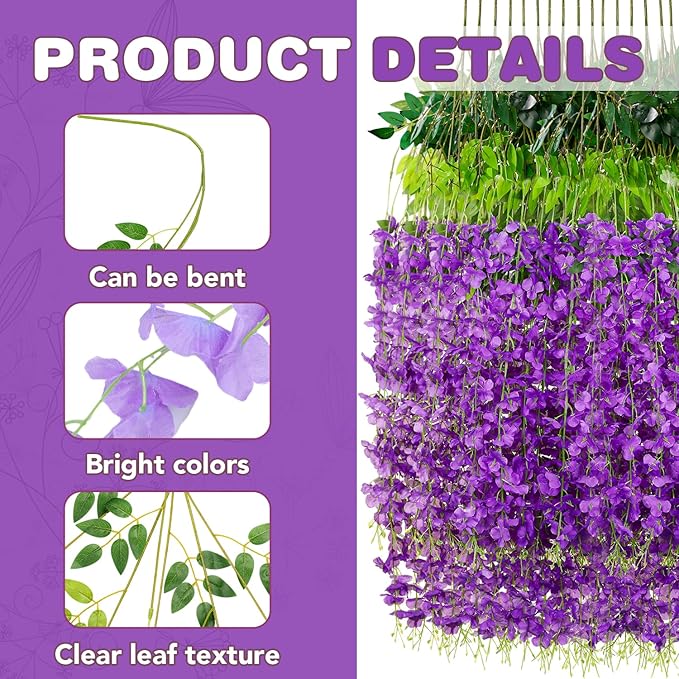 Wisteria Hanging Flowers,Fake Hanging Flowers,Wisteria artificiales Garland for Home Wedding Arch Floral Party Garden Ceremony Outdoor Decor,3.6 feet Long(25,Purple)