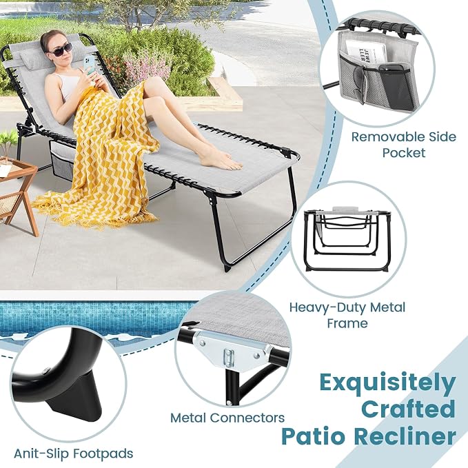 Goplus Chaise Lounge Chair Outdoor, Extra Large Folding 5-Postion Beach Lounger with Detachable Pillow, Side Pocket, Sunbathing Lounge Chair, Adjustable Tanning Chair for Patio Lawn Pool Yard