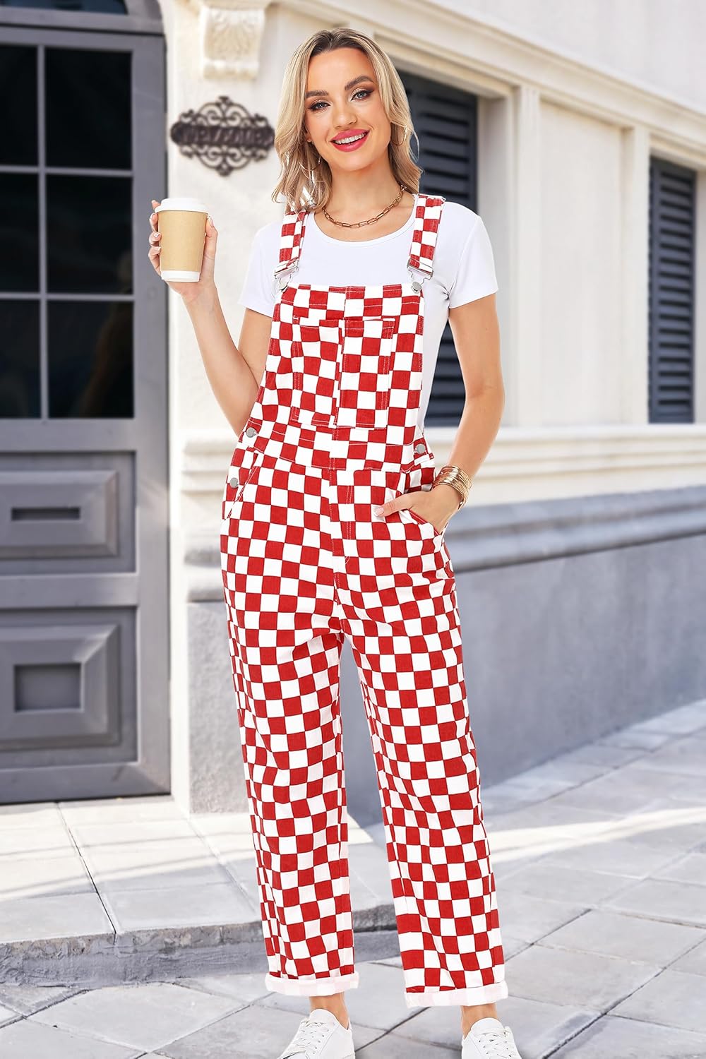 Skiennix Women's Checkered Bib Overalls - Comfortable Cotton Denim Jumpsuit in Stylish Design