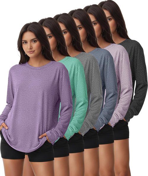 Kinglaman Women's Long Sleeve Workout Shirts - UPF 50+ Rash Guard for Sun Protection | 6 Pack