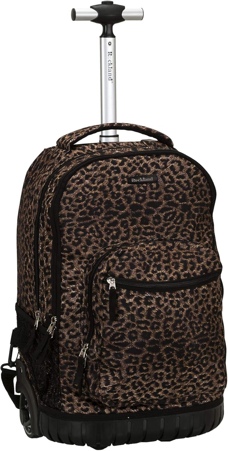Rockland Laptop Rolling Backpack - Single Handle Design, 19" Size, Stylish Leopard Print