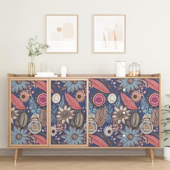 Blue Pink Wallpaper Peel and Stick, Vintage Boho Floral Contact Paper 17.5" x
