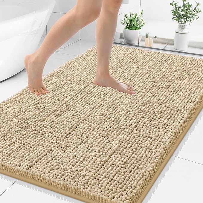 Smiry Luxury Chenille Bathroom Rugs 50x30, Extra Soft and Absorbent Shaggy Bath Mat, Machine Washable, Non-Slip Plush Carpet Runner for Tub, Shower, and Floor, Home Decor Accessories, Beige