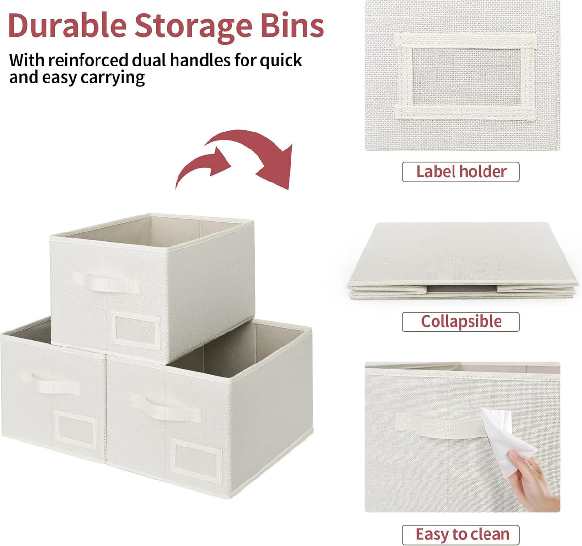 GRANNY SAYS Closet Organizer Bins with Label Holder, Fabric Storage Baskets, Foldable Storage Bins for Living Room, Decorative Storage Containers Organizing, Pearl White, 3-Pack