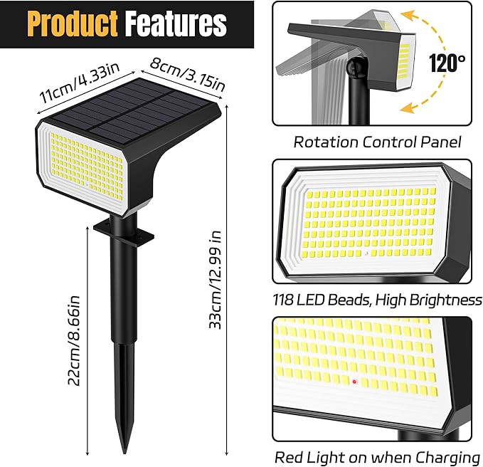 Solar Spot Lights Outdoor, [4 pack/118 LED] 4 Modes Auto On/Off Solar Landscape Spotlights, Ip67 Waterproof Solor Powered Pathway Lights for Outside Yard Garden Walkway Tree Patio (Cool White)