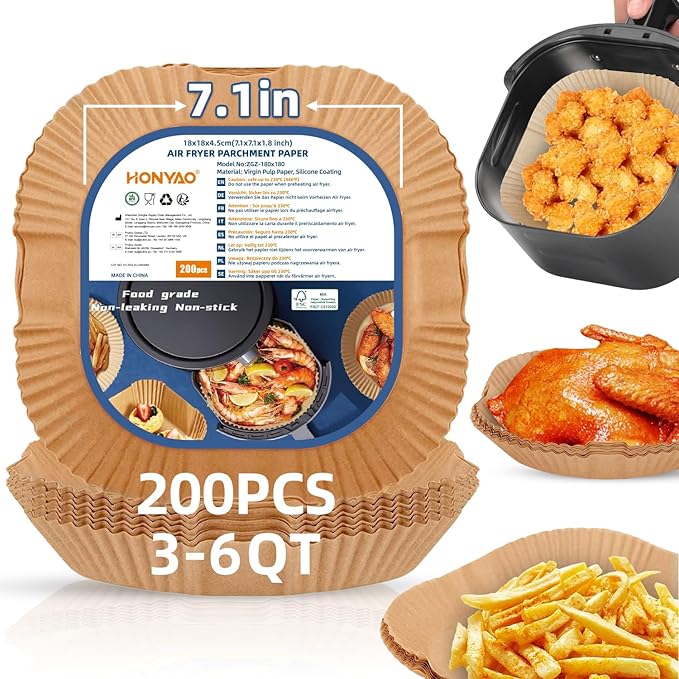 7.1 inch Air Fryer Paper Liners for Instant Pot Vortex Plus 4QT, 200pcs 3-6 Qt Thickened Square Disposable Parchment Liner Compatible with Ninja AF141/Chefman/Cosori Airfryer