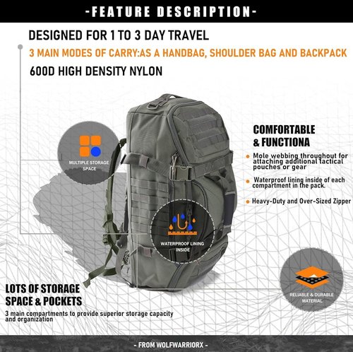 Miramrax Tactical Duffle Bag | Large Travel Backpack for Men - 25L Gym & Overnight Use (Green)
