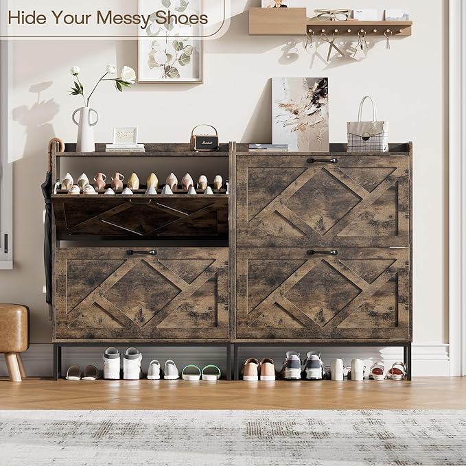 Nicetree Shoe Cabinet with 2 Flip Drawers, Freestanding Shoe Storage Cabinet with Metal Legs, Farmhouse Shoe Organizer for Entryway, Foyer, Hallway