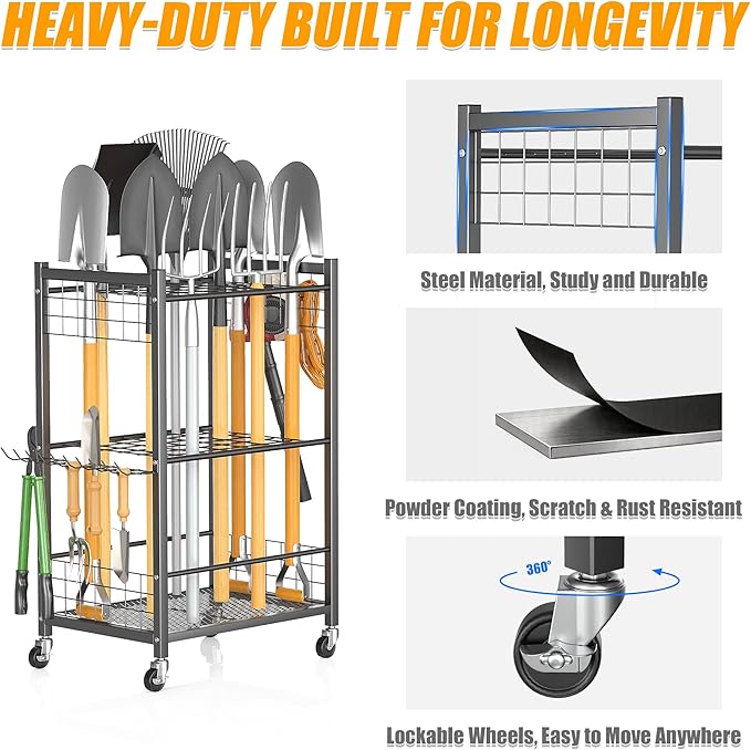 Ultrawall Garden Tool Organizer with Wheels, Yard Tool Storage Stand for Garage, Shed Tool Storage for Rake, Brooms, Tools Rolling Cart Indoor & Outdoor Use