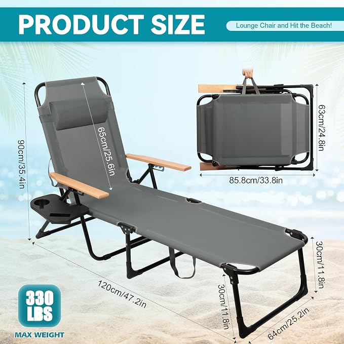 Beach Lounge Chair, Folding Outdoor Chaise Lounge Chair with Arms, 4-Position Backrest, Extended Sun Tanning Chair Pillow & Cup Holder, Patio Lounger for Outside for Beach Pool Patio Yard (Gray)