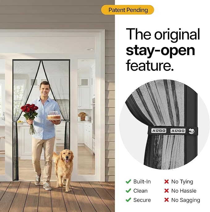 AUGO Heavy Duty Magnetic Screen Door Mesh– Premium Reinforced Fiberglass Mesh, Pet & Kid Friendly, Tear Resistant Hands-Free Self Sealing Closure, Keep Open Feature – 38" x 97"