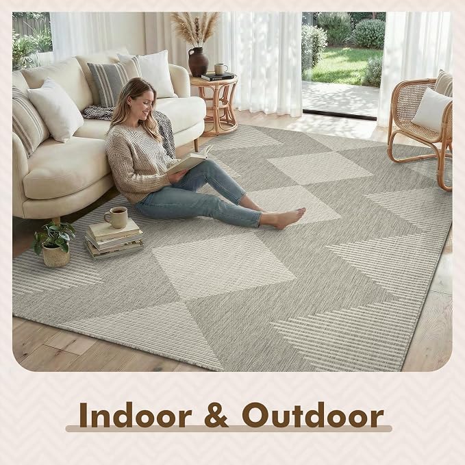 MontVoo-Outdoor Rug Carpet Patio Rug 4x6 ft Polypropylene Indoor Outdoor Rugs for Patio Deck Balcony Porch, Textured Weave, Durable for High Traffic, Fade-Resistant, Boho Geometric Silver Grey