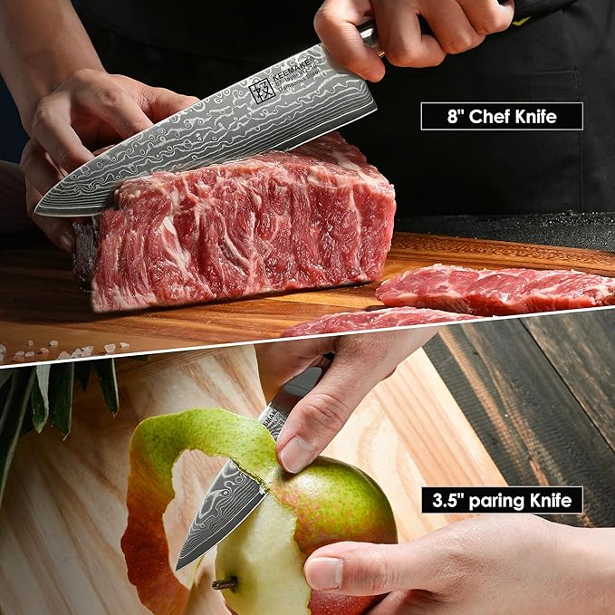 KEEMAKE Damascus Kitchen Knife Set 2 PCS, Ultra Sharp 67 Layer Damascus Steel Chef Knife and Paring Knife, Knives Set for Kitchen with G10 Non-slip Handle for Meat Vegetable Fruit
