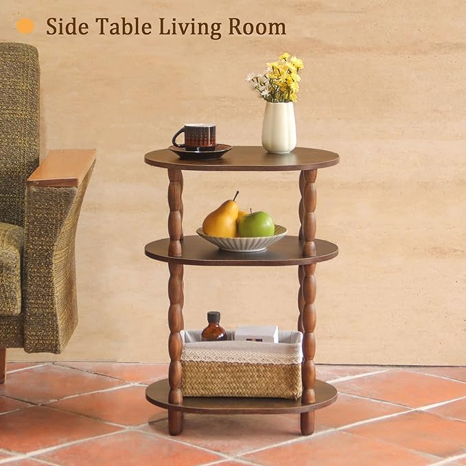 MaxSmeo Side Table with Charging Station, 3-Tier Small End Table with USB Ports and Outlets, Modern Oval Night Stand Accent Table for Living Room, Bedroom, Rustic Brown