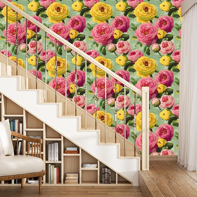 BOKEBEVE Colorful Floral Wallpaper Stick and Peel Vibrant Wall Paper Modern