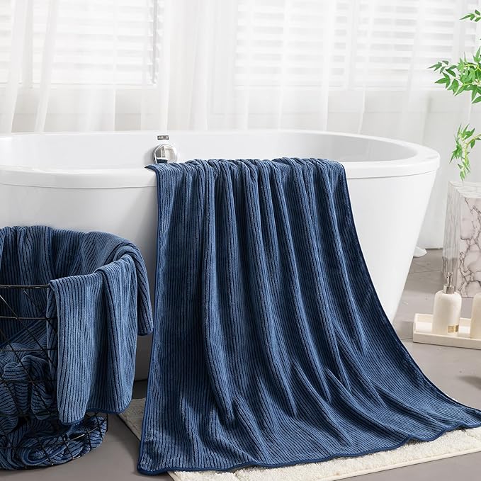 8-Piece Premium Towel Set for Bathroom|2 Oversized Large Bath Sheet,2 Hand Towels,4 Washcloths|Soft Cozy Highly Absorbent Fast Dry Microfiber Shower Towel Set for Hotel Bathroom Essentials,Navy Blue