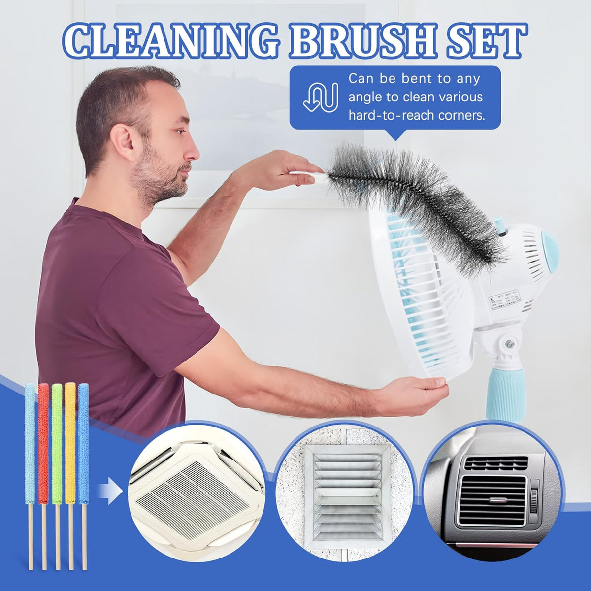 10Pcs Floor Fan Cleaning Brush Set, Bendable Fan Duster, Microfiber Detail Duster Sticks, Cleaning Sponges,Pedestal Fans Tools for Air Conditioning Home Car Vents Curtain Box