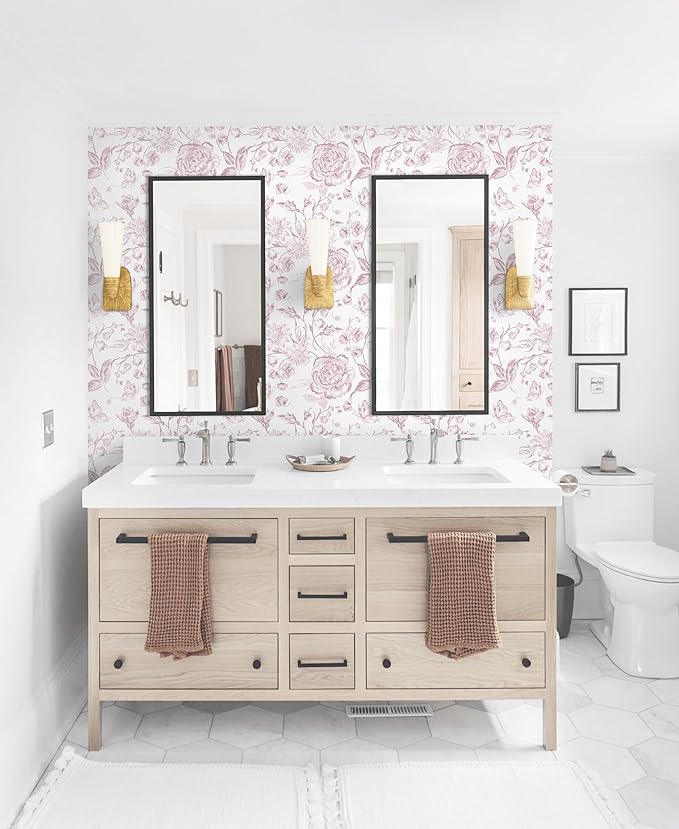Yasinet Pink Floral Wallpaper Boho Peel and Stick Wallpaper Pink and White