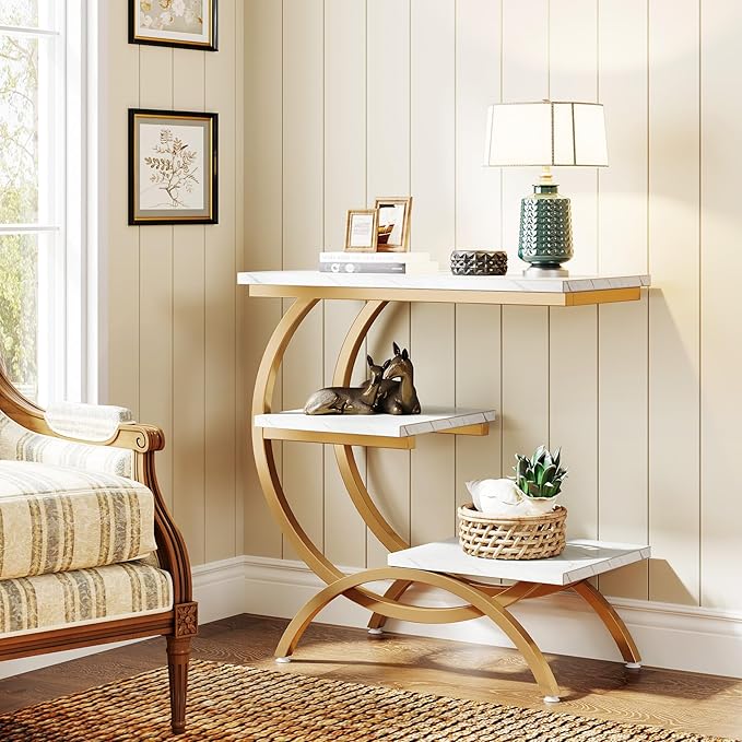 Tribesigns C-Shaped End Table, Industrial 3-Tier Small Side Table for Couch, Wood Bedside Table Snack Side Table with Storage Shelves for Living Room Small Space, White Gold