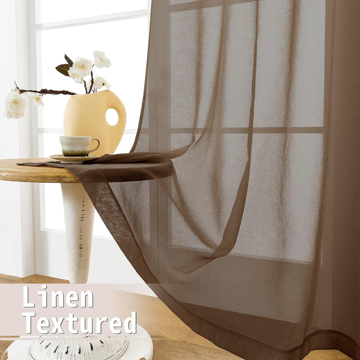 Tollpiz Sheer Curtains Closet Linen Textured Curtain Sheers Doorway Light Filtering Voile French Door Rod Pocket Curtains Patio Glass Door, 54 x 63 inches Long, Brown, Set of 1 Panel