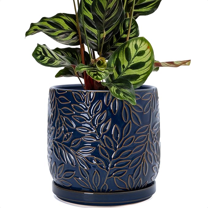 D'vine Dev 8 Inch Embossed Leaves Stoneware Planter Pot with Drainage Hole and Saucer, Midnight Blue, 27-A-Q-3