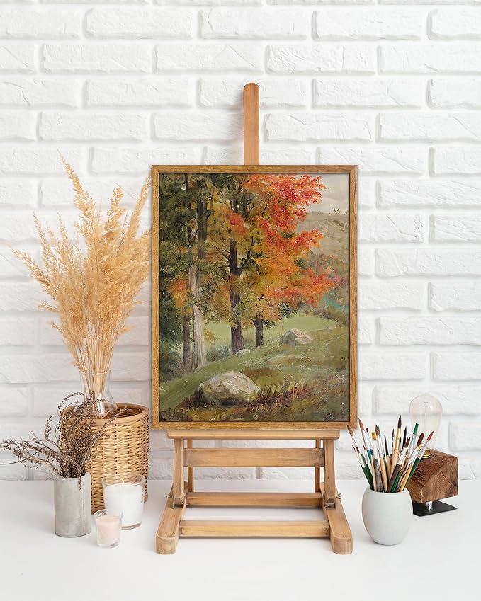UPWOIGH Framed Wall Art,Autumn Tree Oil Painting Canvas Poster Vintage Fall Landscape Rustic Print Retro Forest Moody Wall Art Living Room Decor 12x16in