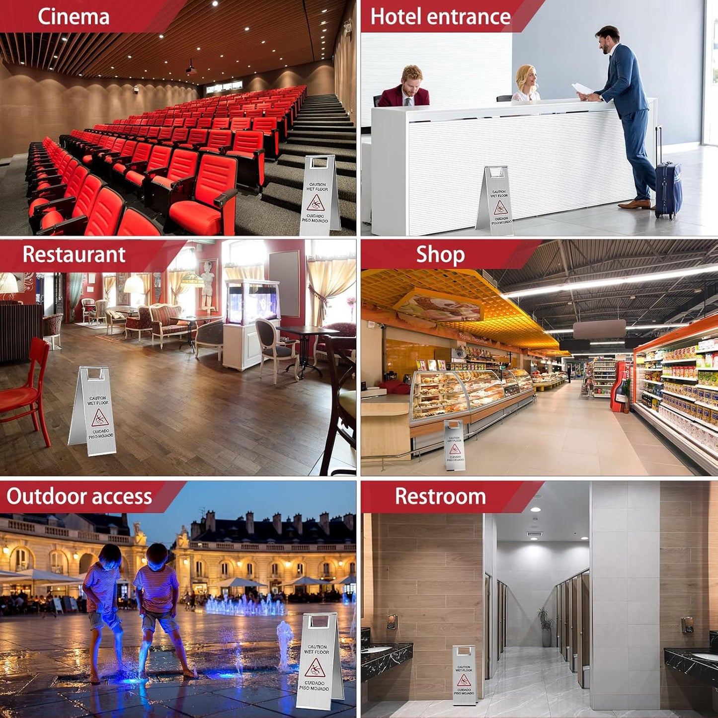 LEIFIDE 4 Pcs Stainless Steel Wet Floor Caution Sign Bulk 8.8 Pound Portable Foldable Handle Bilingual Safety Sign for Kitchen Restaurant Shop Commercial Use Avoid Fall and Slip Accident (Silver)