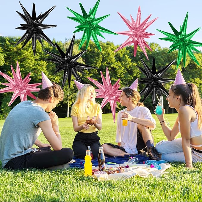 Pink Green Black Star Balloons,9Pcs 22Inch Pink Green Explosion Spike Cone Helium Star Foil Balloons for Witch Birthday Anniversary Disco Party Decorations