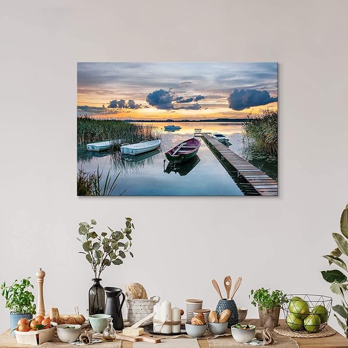 Lake Landscape Canvas Art: Modern Sunset Scene Wall Painting Natural Shore Long Pier Prints Colorful Wilderness Boat Picture Horizontal Mountain Reed Gallery Artwork for Bedroom Bathroom