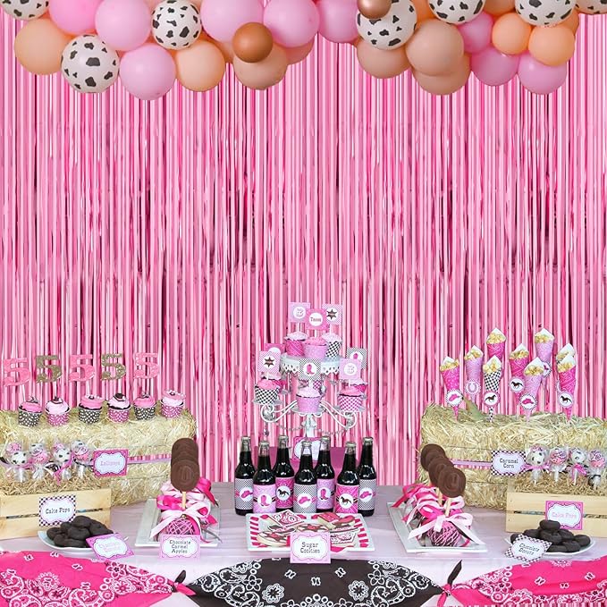 Thicken Pink Streamers 4 Pack 3.2 x 8.2 FT, Pink Birthday Decorations for Girls, Tinsel Backdrop Curtains, Foil Fringe Photo Backdrop for Bachelorette, Graduation, Baby Shower Party Decorations