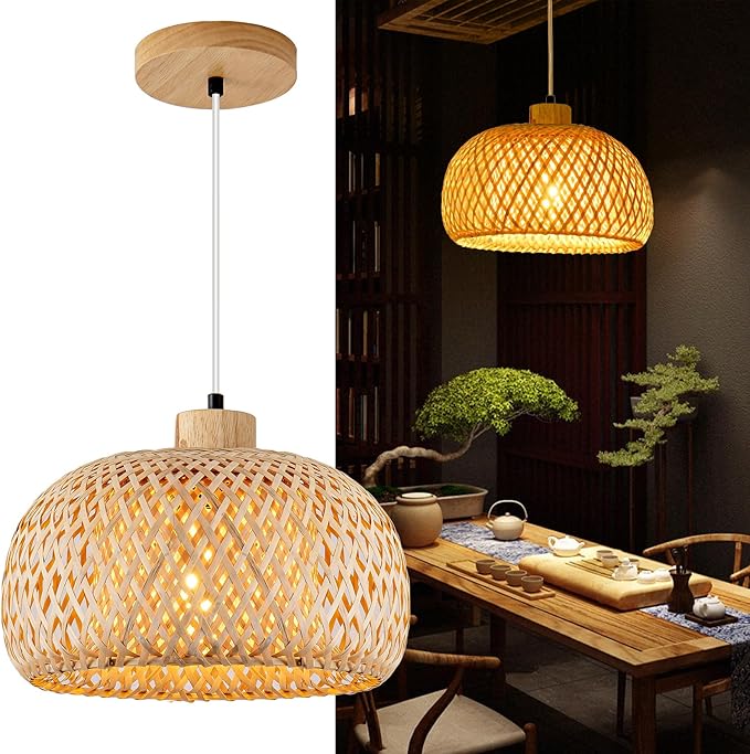 23.6inch Bamboo Rattan Pendant Light, Hand-Woven Wicker Boho Hanging Ceiling Light Fixture, Beige Pendant Lamp Rustic Farmhouse Chandelier for Kitchen Island, Dining Room, Bedroom, Living Room