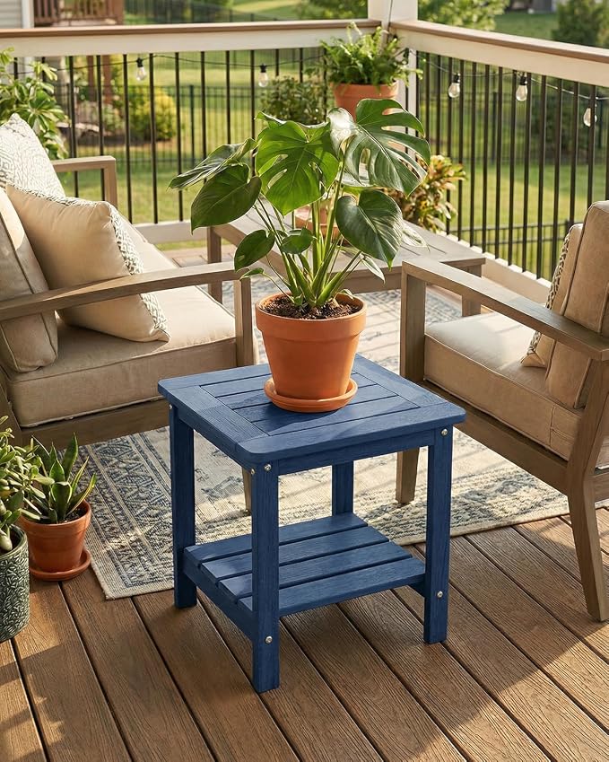 Kibaso-Adirondack Outdoor Side Table, 2-Tier HDPE Outdoor End Table, Weather Resistant Easy Maintenance, Small Patio Side Table for Patio, Pool, Porch, Garden, Lawn, and Living Room (1, Blue)