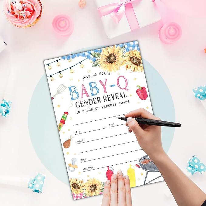 Baby-Q Gender Reveal Invitations - 20 Rustic BBQ Baby Shower Invitation Cards 4"x6" with Envelopes, Sunflower and Gingham Blue Pink Invitations for Parents-to-Be.(104)