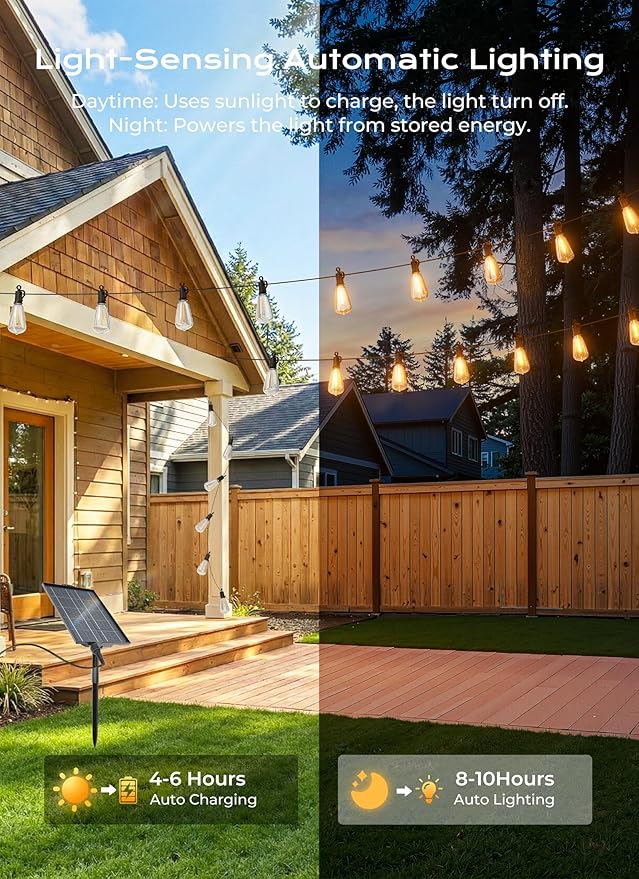 Brightown 108FT 50+2 LED Solar String Lights Outdoor Waterproof, Patio Lights with Remote and Shatterproof Bulbs, Dimmable & Timable, 3 Light Modes, Solar Lights Outdoor for Yard Garden Camping Party