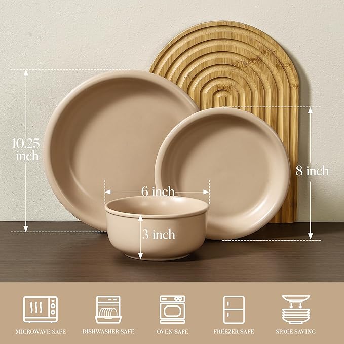 GZG Vintage Series - Ceramic Dinnerware Set for 4, 12 Pieces Stoneware Plates and Bowls Set, Lead-Free, Handcrafted Dishes Set, Microwave & Dishwasher Safe - Warm Apricot