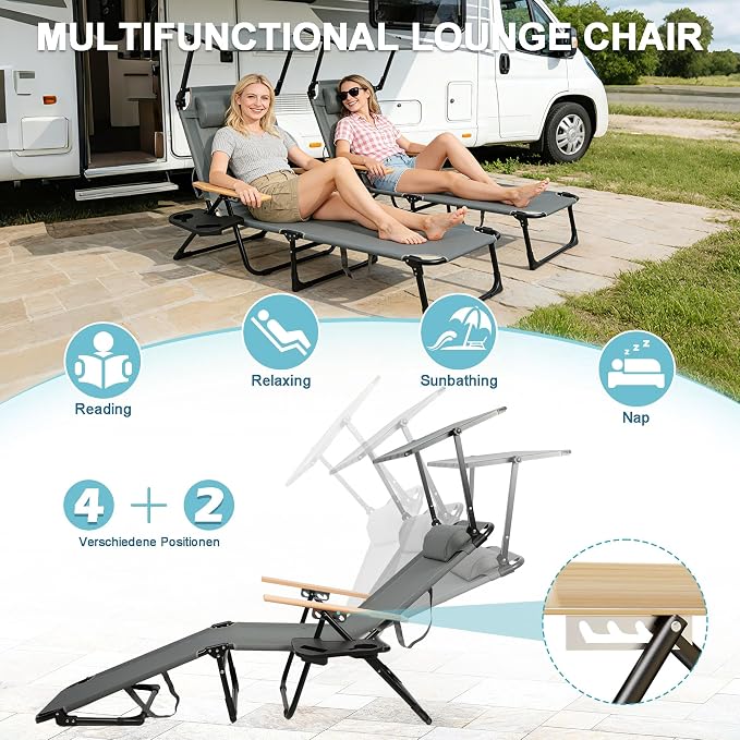 Outdoor Chaise Lounge Chair with 4-Position Adjustable Backrest,Patio Folding Sun Tanning Chair,Pillow & Cup Holder,Portable Recliner Sunbathing Lounger Chairs for Beach Garden (Grey with Shade)