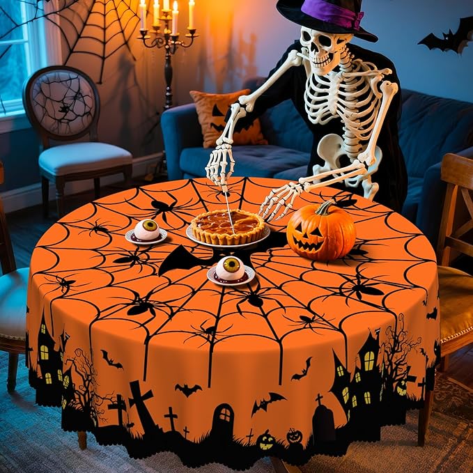 Eikione Round Halloween 60In Tablecloth, Haunted House Decorative Table Cloth, Waterproof and Washable Fabric Table Cover for Party Kitchen Dining Room