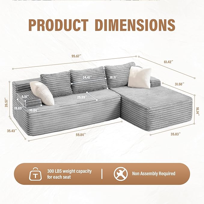 Hobestluk Modular Sectional Sofa Couches L-Shape Couch 3 Seat Modular Sofa Memory Foam Sectional Couches for Living Room, Cloud Couch with Oversized Chaise (96“ Right Facing)