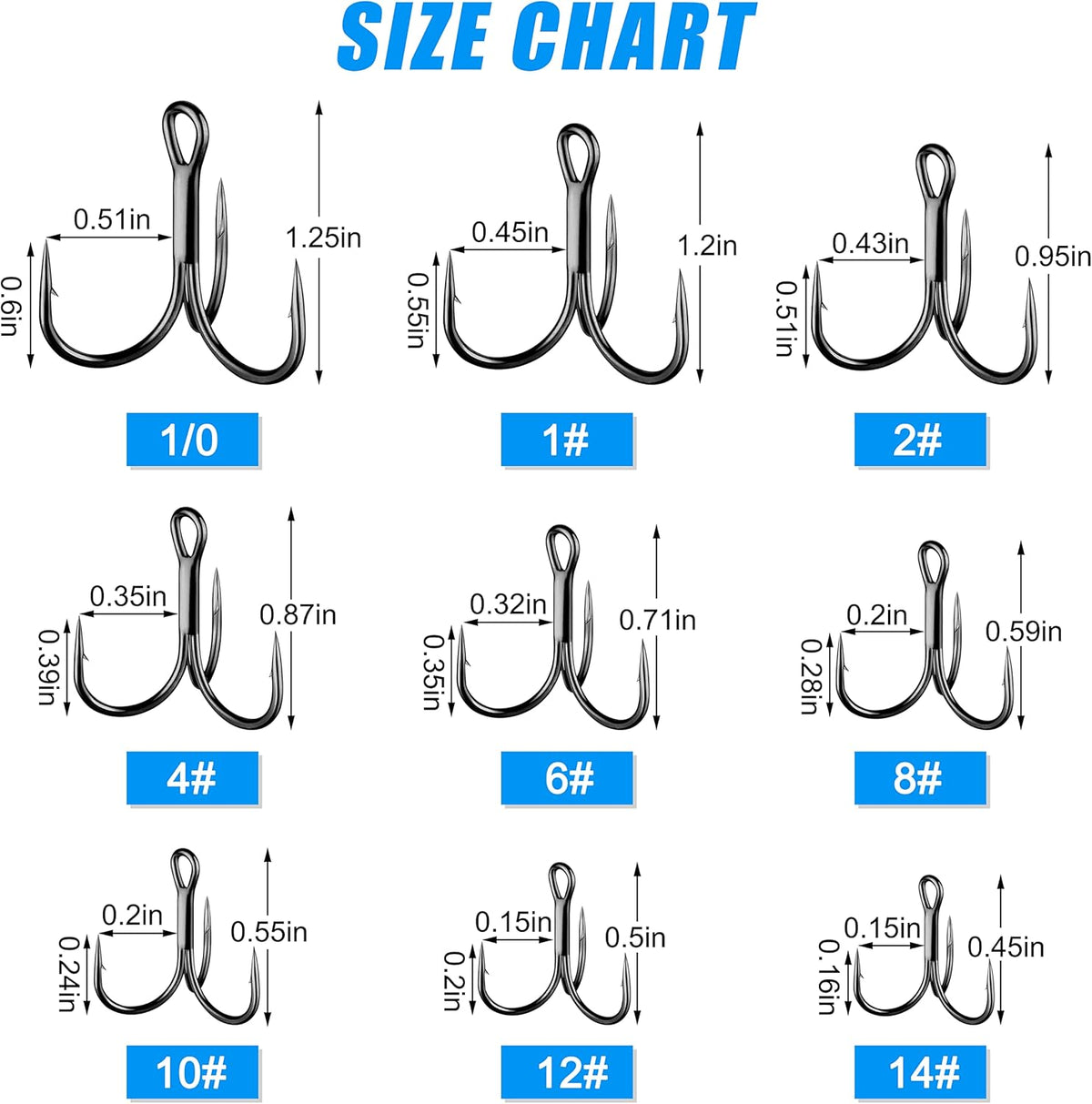 Shaddock Fishing Treble Hooks, Round Bend Short Shank Treble Hooks, High Carbon Steel, Wide Gap for Lures, Baits, Stripe, Trout, Bass, Salmon, Panfish 100/200PCS