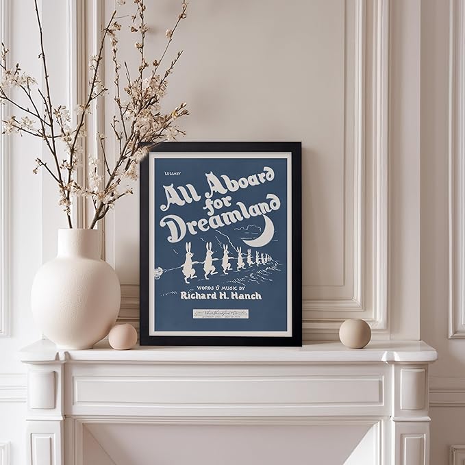 Poster Master All Aboard For Dreamland Poster - Retro Children's Lullaby Print - Story Book Art - Bunny Art - Rabbit Art - Aesthetic Art - Kid's Bedroom or Nursery Wall Decor, 8x10 Black Framed