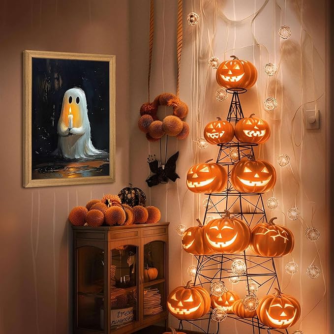 Framed Vintage Halloween Ghost Wall Art - Spooky Candle Ghost Fall Texture Pictures Wall Decor for Living Room, Kids Room, Halloween Bedroom or Party 12x16 inch