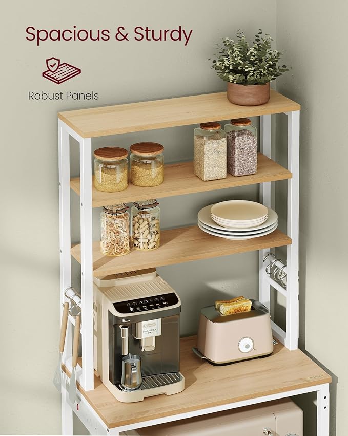 VASAGLE Bakers Rack with Power Outlet, 23.6 Inches Coffee Bar for Kitchen with Storage, 6-Tier Kitchen Shelves with 6 Hooks, Microwave Stand, Industrial, Golden Oak and Cloud White UKKS124Y03