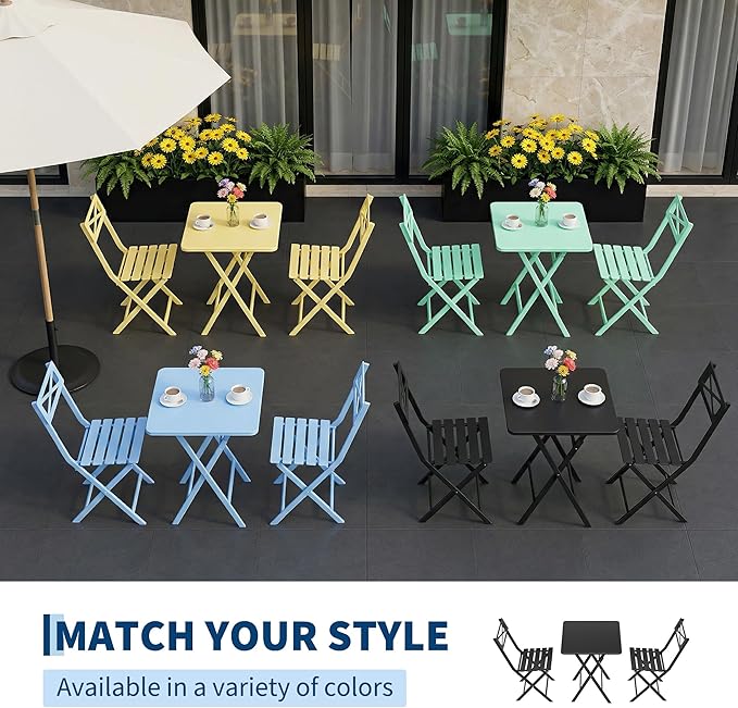 Outdoor Square Bistro Set 3 Piece, Black Iron Tube Patio Furniture Set with Square Table & 2 Chairs, Foldable Steel Backyard Deck Porch Garden , Space Saving Outdoor Dining Set for Small Spaces