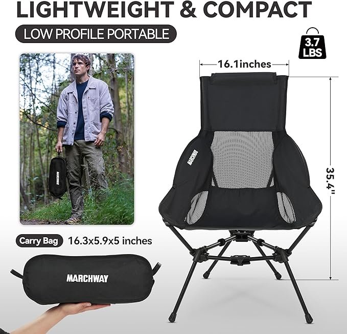 MARCHWAY Lightweight Folding High Back Camping Chair with Head Support, Stable Portable Compact for Outdoor Camp, Travel, Beach, Picnic, Festival, Hiking, Backpacking (Highback Black)