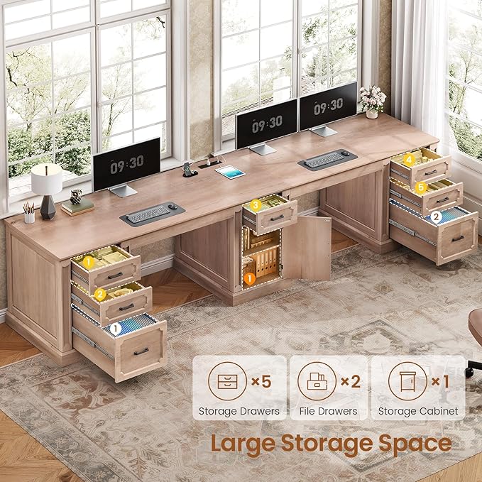 SEDETA Farmhouse 110.3" Two Person Desk with 7 Drawers, Long Computer Desk with Storage Cabinet, 2 Person Desk with Power Outlets for Home Office, Natural Oak