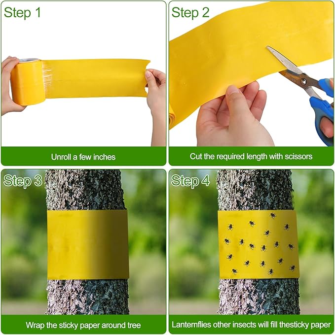 4 Rolls 260ft Lantern Fly Tree Tape Outdoor Adhesive Crawling Insect Trap Yellow Sticky Traps Sticky Barrier Protecting Trees Outdoor Indoor Fruit Tree Lawn Garden Control Aphids Ant Moth