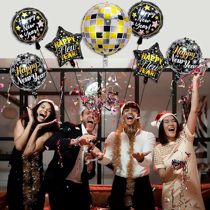 Happy New Year Balloons 4D Black Gold New Years Nye Balloons for New Years Eve Decorations 2026 Happy New Year Eve Party Supplies