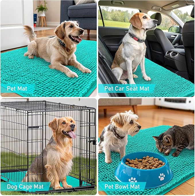OLANLY Dog Door Mat for Muddy Paws 47x24, Absorbs Moisture and Dirt, Absorbent Non-Slip Washable Doormat, Quick Dry Chenille Mud Mat for Dogs, Entry Indoor Entryway Carpet for Inside Floor, Teal