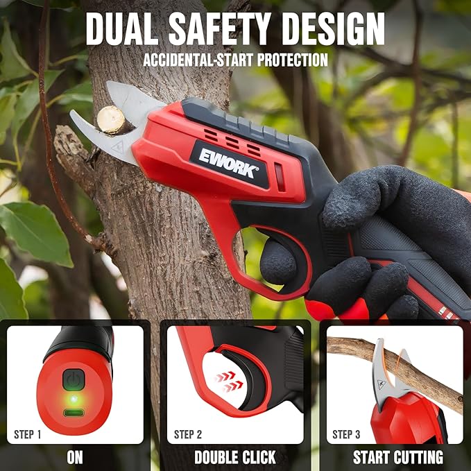 EWORK Cordless Electric Pruning Shears 4.2V Rechargeable 4000mAh Battery, 0.7 Inch Cutting Diameter, 2 SK5 Blades Quick Tool-Less Replacement, Handheld Pruner for Garden Tree Branch Trimming